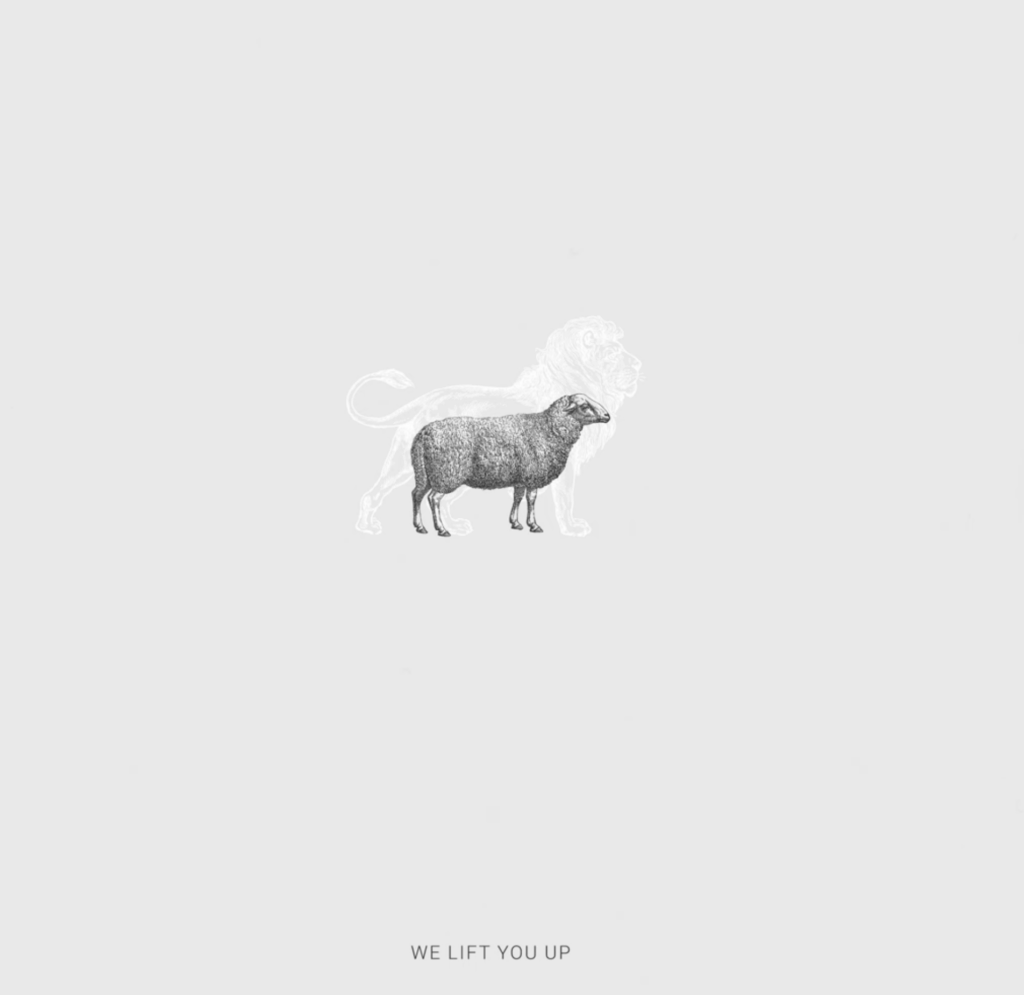 Illustration of a lamb standing in front of a lion silhouette, symbolizing Spirit healing, humility, and divine strength, with the words “We Lift You Up” below.